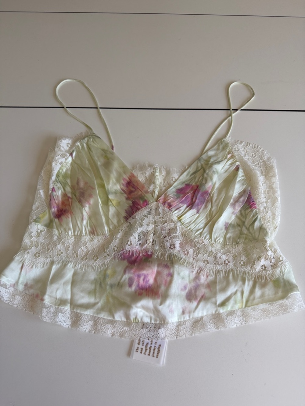 NWT LoveShackFancy Floral Lace Trim Satin Camisole - Pale Green & Pink 14